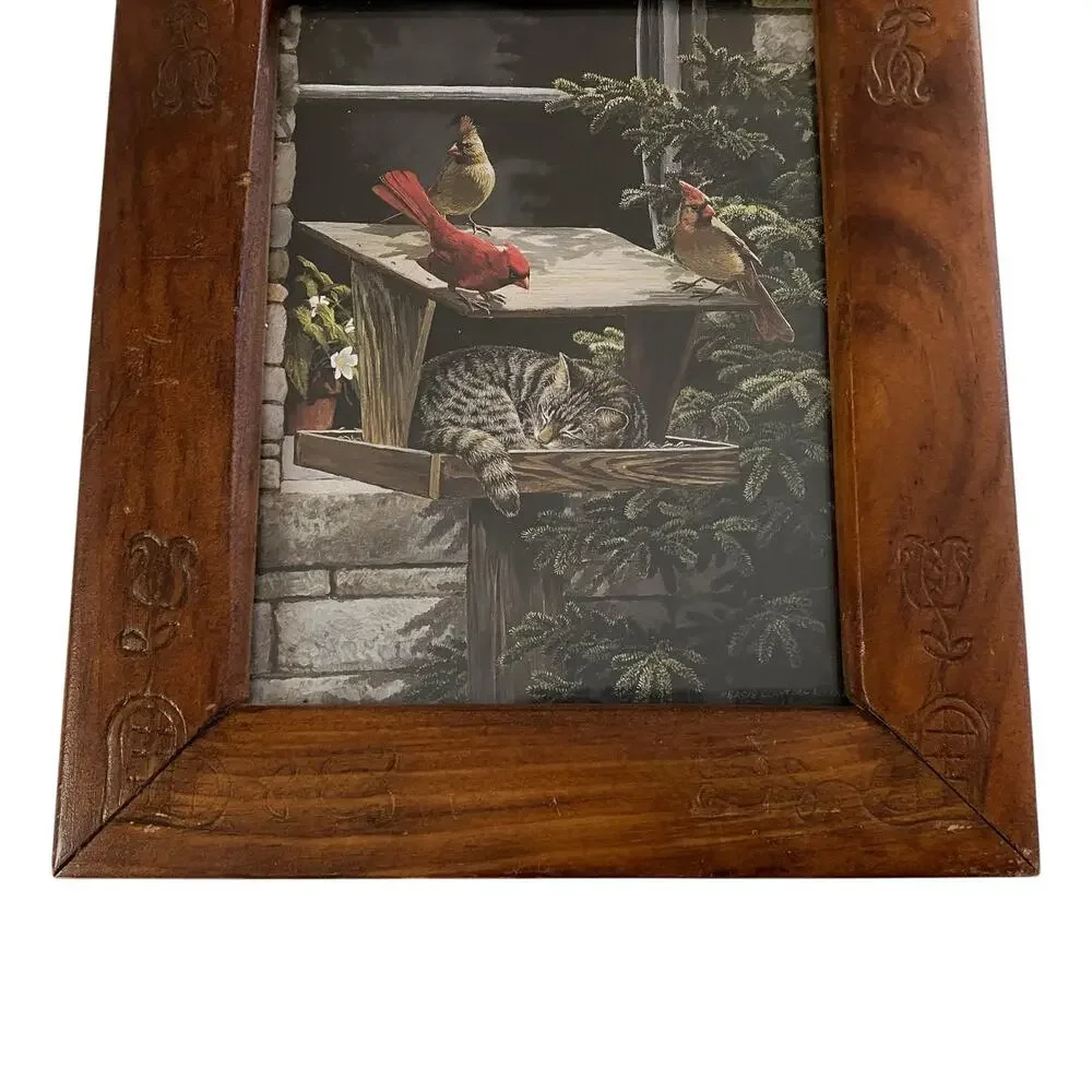 Vintage Carved Wood Frame Cat Birds Print Persis Clayton Weirs 90s Country 1992